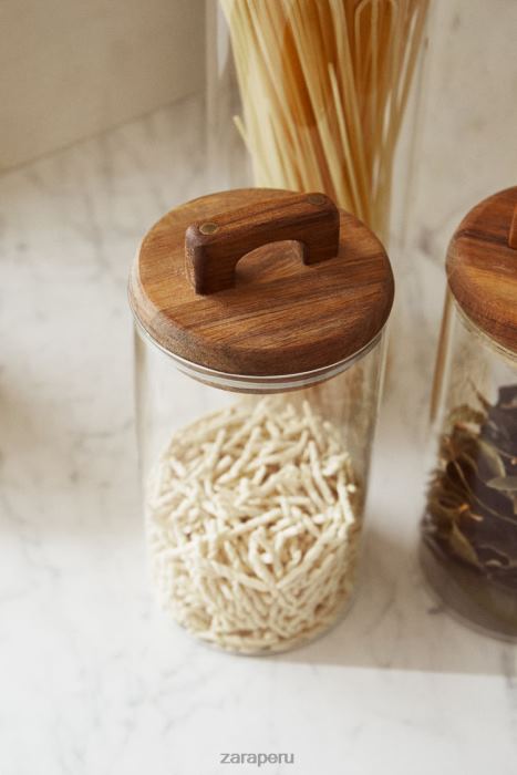 Zara unisexo Tarro de almacenamiento de madera y vidrio de borosilicato. BDP8J1685 accesorios beige claro