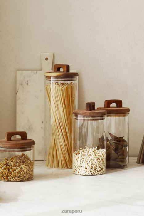 Zara unisexo Tarro de almacenamiento de madera y vidrio de borosilicato. BDP8J1685 accesorios beige claro