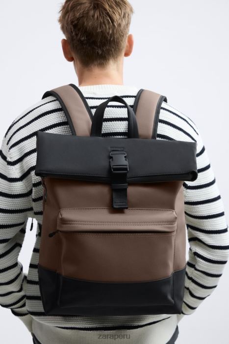 Zara hombres mochila con solapa de goma BDP8J1347 accesorios marrón arena