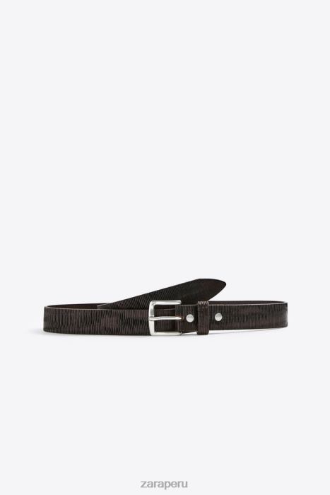 Zara hombres cinturón de cuero texturizado BDP8J1469 accesorios marron oscuro