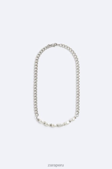 Zara hombres cadena de perlas mixtas BDP8J1493 accesorios plata