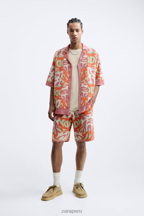 Zara hombres shorts de punto con patchwork de jacquard BDP8J1238 ropa rosa