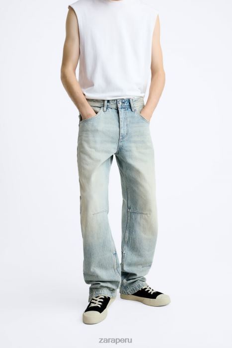 Zara hombres vaqueros vintage con cremallera BDP8J1086 ropa azul claro