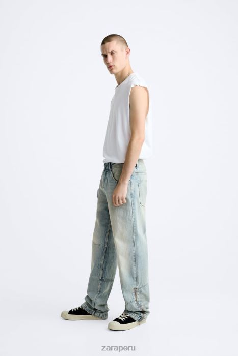 Zara hombres vaqueros vintage con cremallera BDP8J1086 ropa azul claro