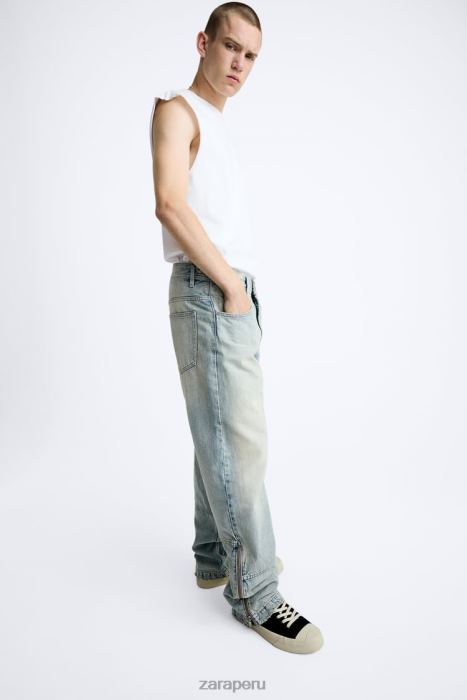 Zara hombres vaqueros vintage con cremallera BDP8J1086 ropa azul claro