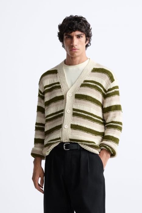 Zara hombres cárdigan a rayas en jacquard BDP8J1040 ropa verde