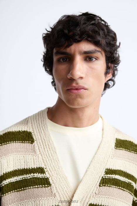 Zara hombres cárdigan a rayas en jacquard BDP8J1040 ropa verde