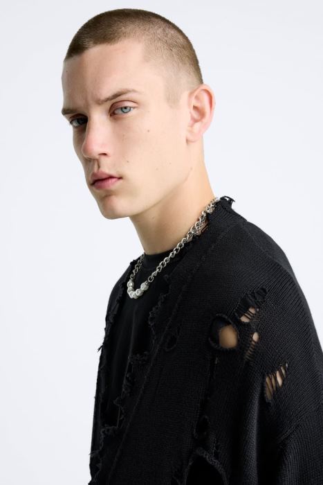 Zara hombres cárdigan estructurado con desgarros BDP8J1030 ropa negro