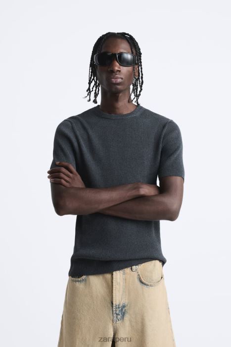 Zara hombres camiseta ajustada de punto BDP8J1038 ropa carbón