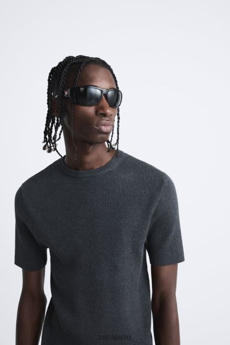 Zara hombres camiseta ajustada de punto BDP8J1038 ropa carbón