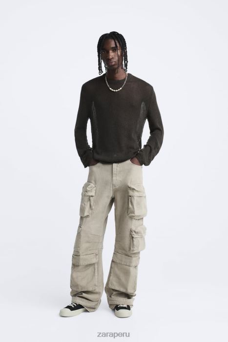 Zara hombres suéter con textura abierta BDP8J1037 ropa caqui oscuro