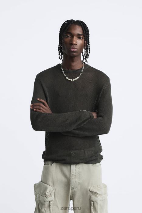 Zara hombres suéter con textura abierta BDP8J1037 ropa caqui oscuro