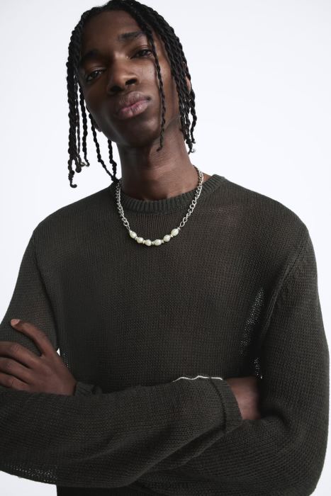 Zara hombres suéter con textura abierta BDP8J1037 ropa caqui oscuro