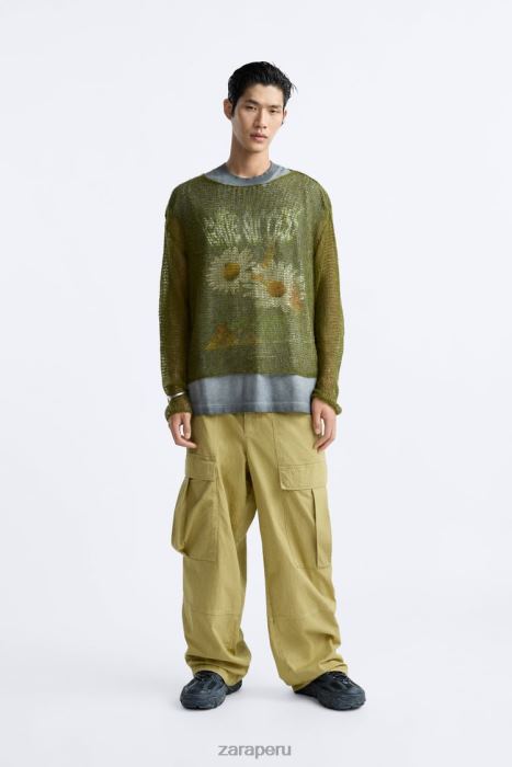 Zara hombres suéter texturizado de malla BDP8J1035 ropa verde
