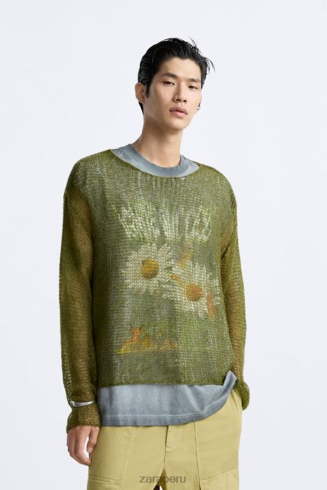 Zara hombres suéter texturizado de malla BDP8J1035 ropa verde