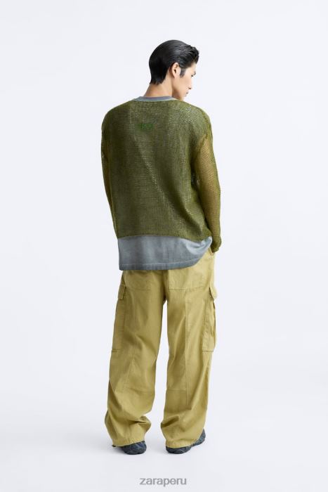 Zara hombres suéter texturizado de malla BDP8J1035 ropa verde