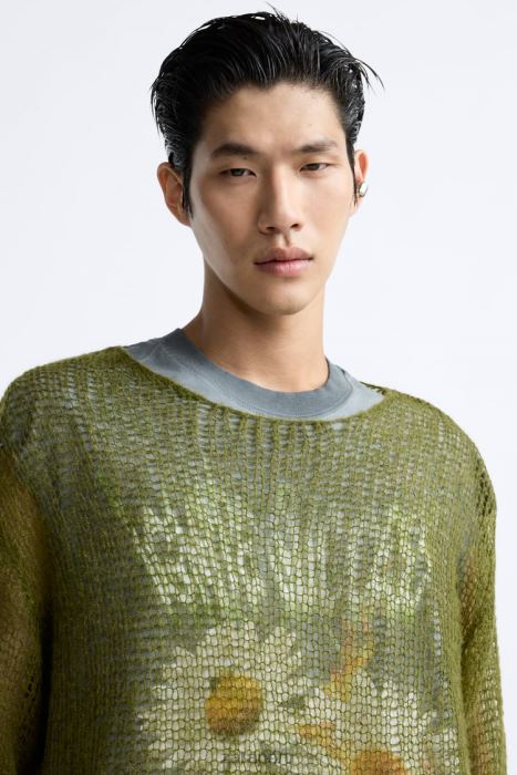 Zara hombres suéter texturizado de malla BDP8J1035 ropa verde