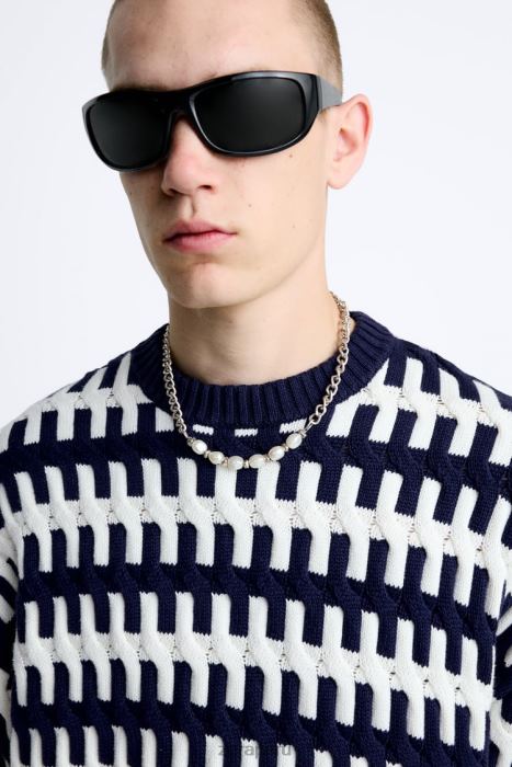 Zara hombres suéter texturizado en jacquard BDP8J1028 ropa Azul marino