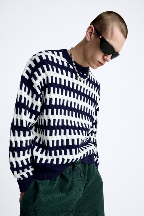 Zara hombres suéter texturizado en jacquard BDP8J1028 ropa Azul marino