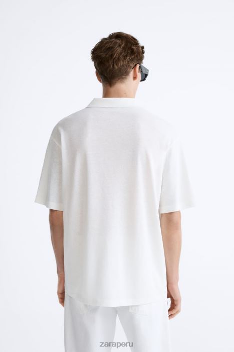 Zara hombres polo de mezcla de lino y algodón BDP8J1221 ropa ostra blanca