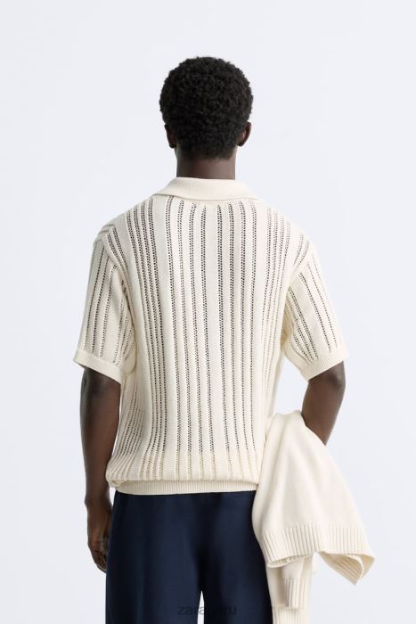 Zara hombres polo de punto de crochet texturizado BDP8J1233 ropa beige