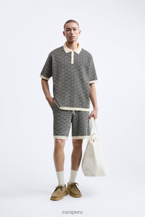 Zara hombres suéter tipo polo de punto geométrico en jacquard BDP8J1225 ropa crudo