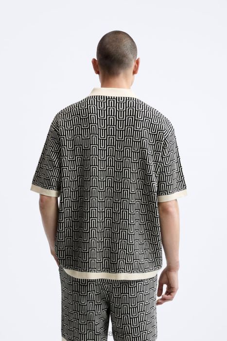 Zara hombres suéter tipo polo de punto geométrico en jacquard BDP8J1225 ropa crudo