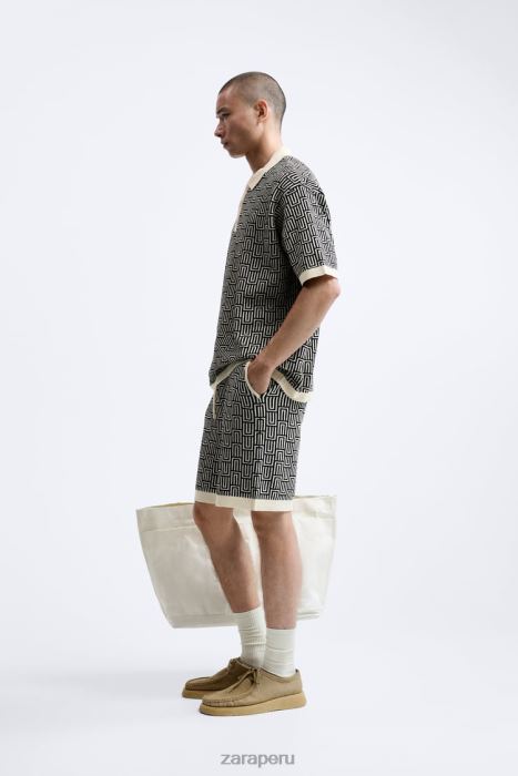 Zara hombres suéter tipo polo de punto geométrico en jacquard BDP8J1225 ropa crudo