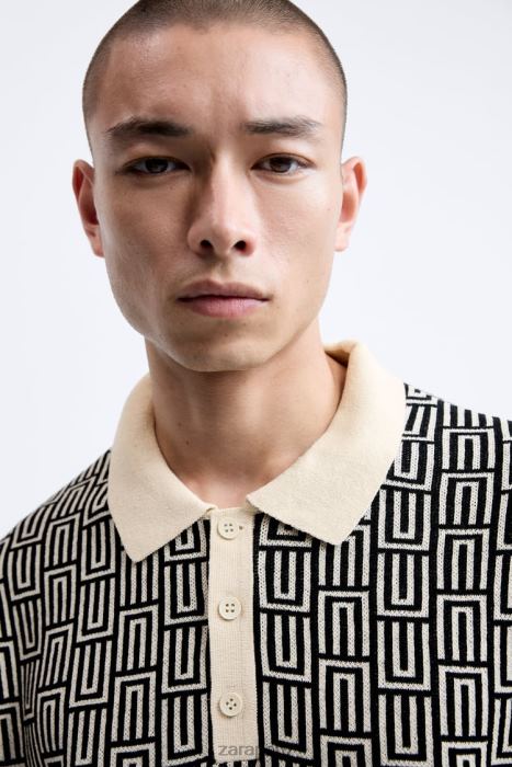 Zara hombres suéter tipo polo de punto geométrico en jacquard BDP8J1225 ropa crudo