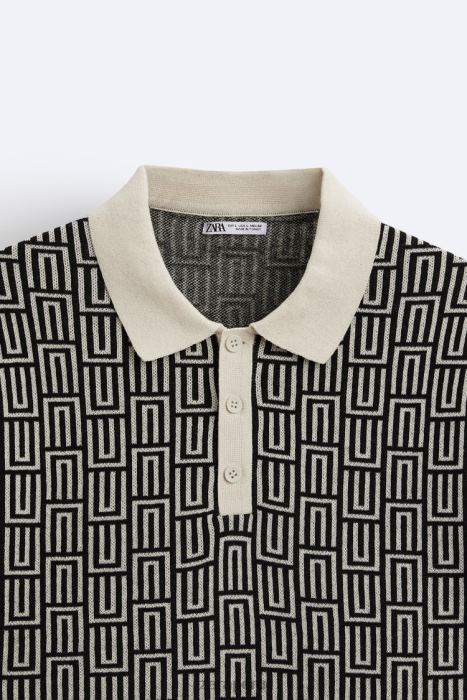 Zara hombres suéter tipo polo de punto geométrico en jacquard BDP8J1225 ropa crudo