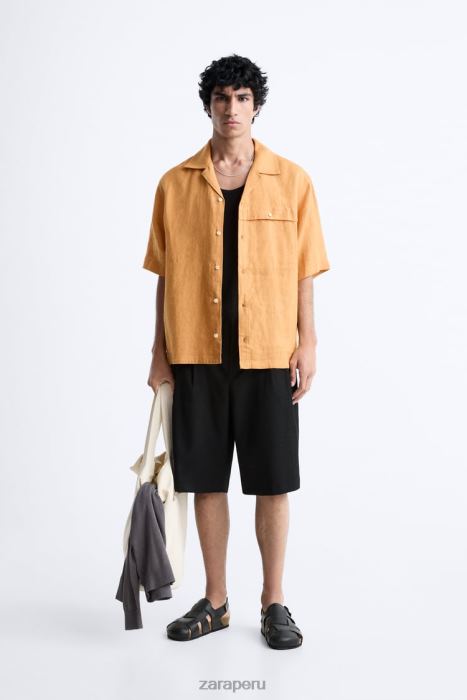 Zara hombres camisa 100% lino BDP8J1022 ropa naranja