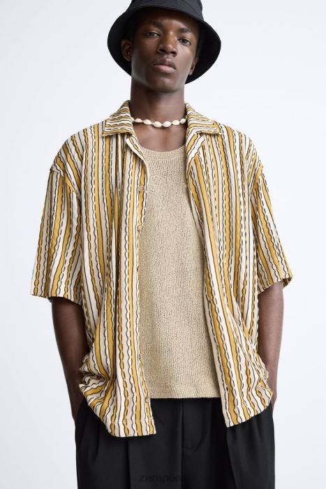 Zara hombres camisa a rayas jacquard BDP8J989 ropa crudo/amarillo