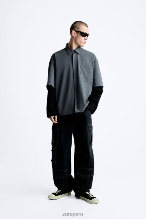 Zara hombres camisa con mangas a capas BDP8J974 ropa gris antracita