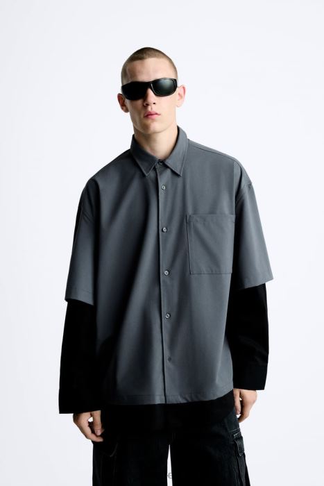 Zara hombres camisa con mangas a capas BDP8J974 ropa gris antracita