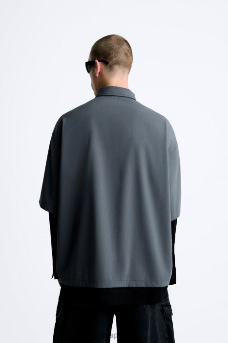 Zara hombres camisa con mangas a capas BDP8J974 ropa gris antracita