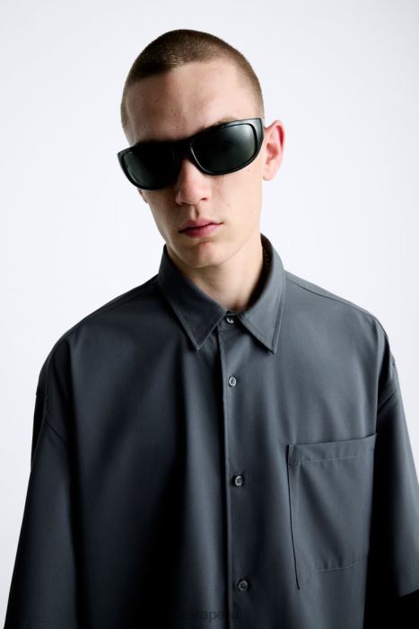 Zara hombres camisa con mangas a capas BDP8J974 ropa gris antracita