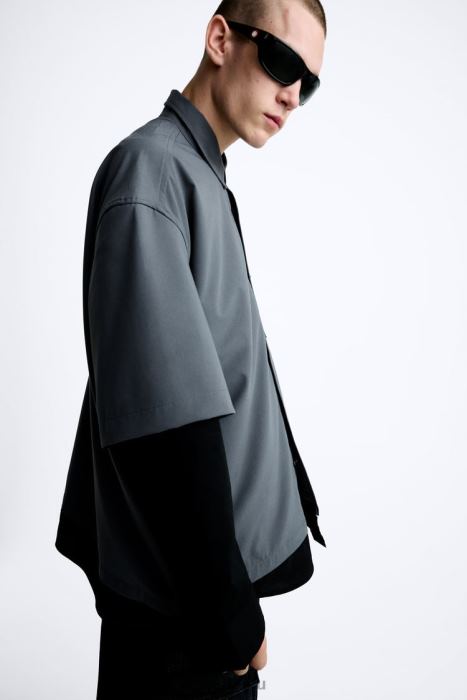 Zara hombres camisa con mangas a capas BDP8J974 ropa gris antracita