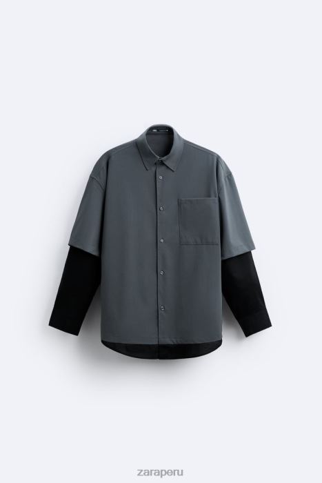 Zara hombres camisa con mangas a capas BDP8J974 ropa gris antracita