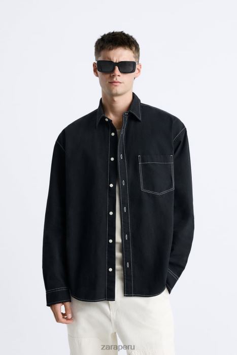 Zara hombres camisa con pespuntes en contraste BDP8J977 ropa negro