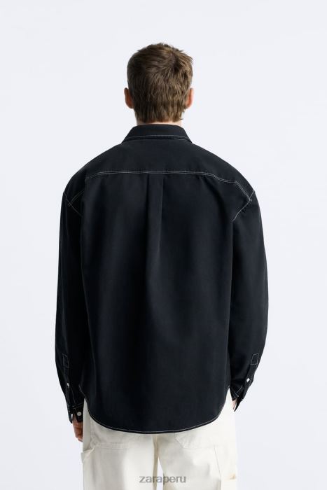 Zara hombres camisa con pespuntes en contraste BDP8J977 ropa negro