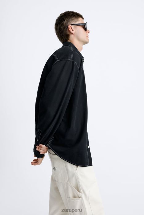 Zara hombres camisa con pespuntes en contraste BDP8J977 ropa negro