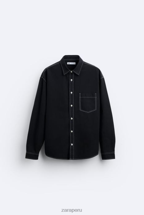Zara hombres camisa con pespuntes en contraste BDP8J977 ropa negro
