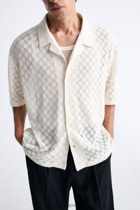 Zara hombres camisa con textura de crochet BDP8J1009 ropa beige