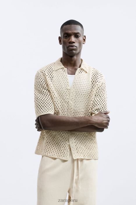 Zara hombres camisa con textura de crochet BDP8J1010 ropa blanco