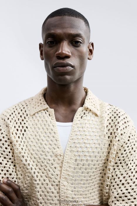 Zara hombres camisa con textura de crochet BDP8J1010 ropa blanco