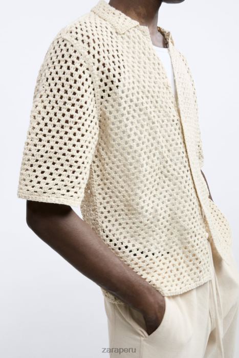 Zara hombres camisa con textura de crochet BDP8J1010 ropa blanco