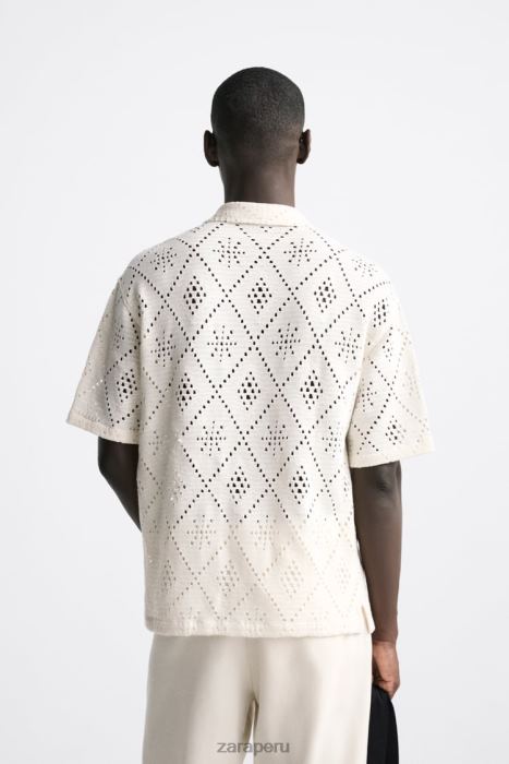 Zara hombres camisa con textura de crochet BDP8J1012 ropa ostra blanca