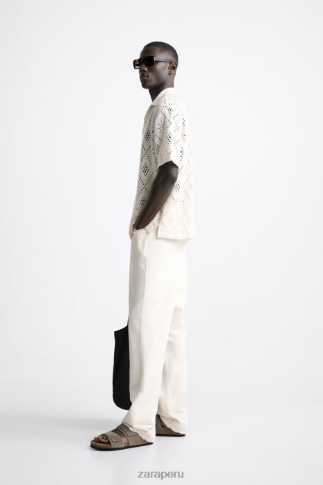 Zara hombres camisa con textura de crochet BDP8J1012 ropa ostra blanca