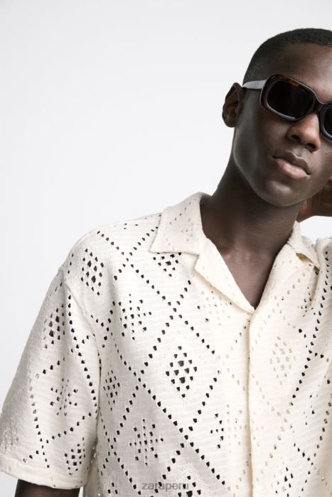 Zara hombres camisa con textura de crochet BDP8J1012 ropa ostra blanca