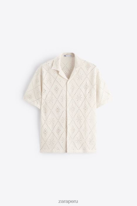 Zara hombres camisa con textura de crochet BDP8J1012 ropa ostra blanca